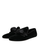 Dolce & Gabbana Black Suede Cotton Rose Slip On Loafers Shoes
