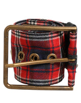 Dolce & Gabbana Red Plaid Fabric Logo Plate Brass Buckle Belt