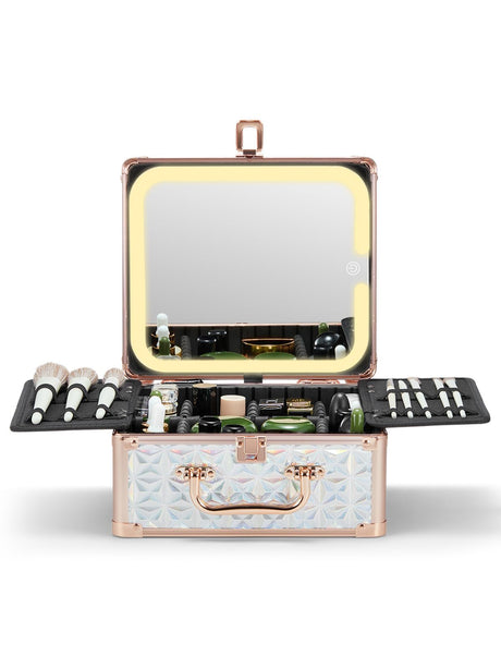 Qislee Makeup Box with A Detachable Lighted Mirror Waterproof Travel Train Case Cosmetic Organizer and Makeup Suitcase with Adjustable Dividers Magnetic LED Mirror(Sparkling Blue Octagonal)