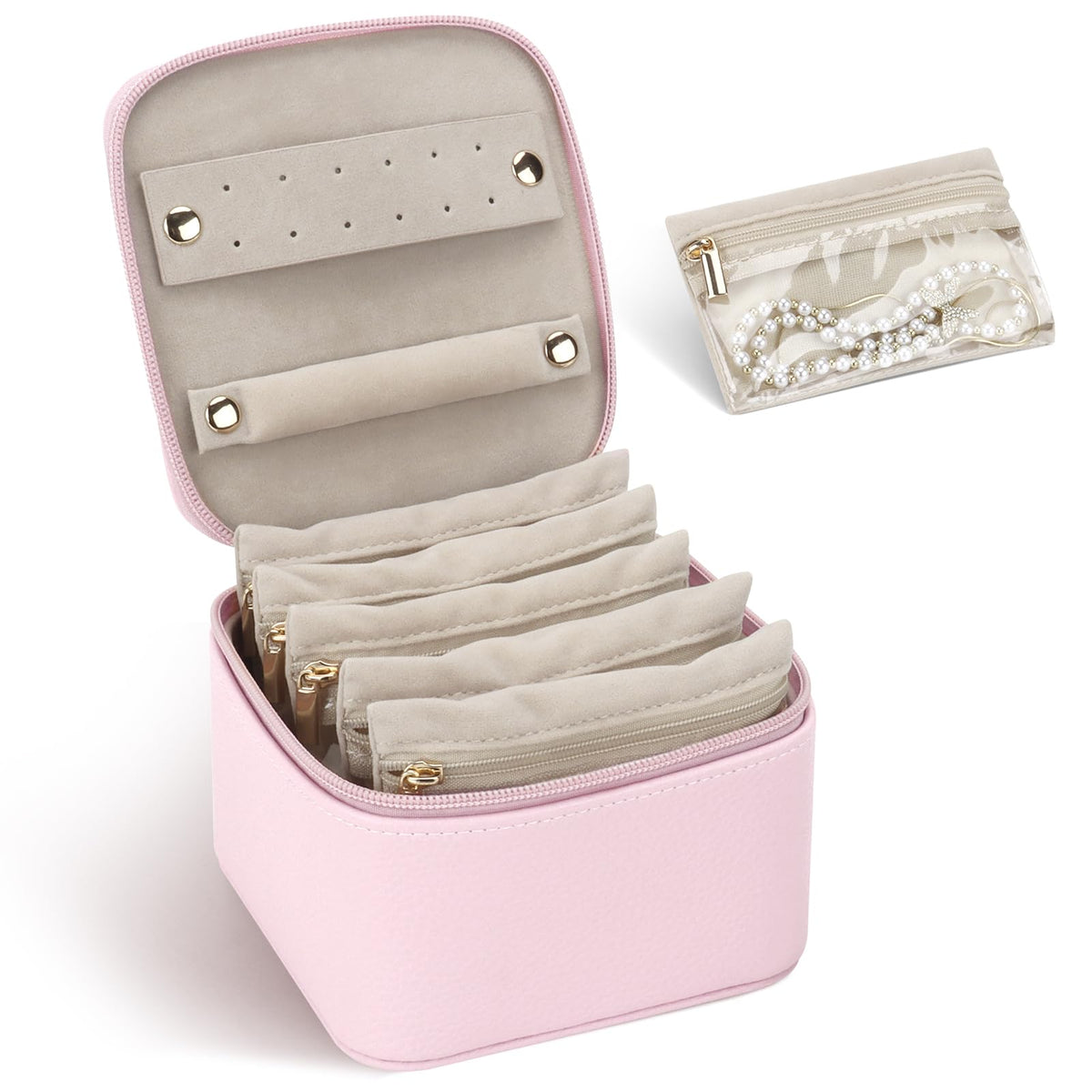 DesignSter Small Jewelry Box Travel Small Jewelry Organizer with Earring Tray and Ring HolderSquare Travel Jewelry Storage Case with 6 Velvet Jewelry Pouches Pink