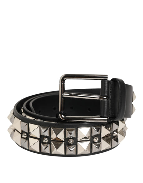 Dolce & Gabbana Black Calf Leather Studded Silver Buckle Belt