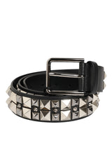 Dolce & Gabbana Black Calf Leather Studded Silver Buckle Belt