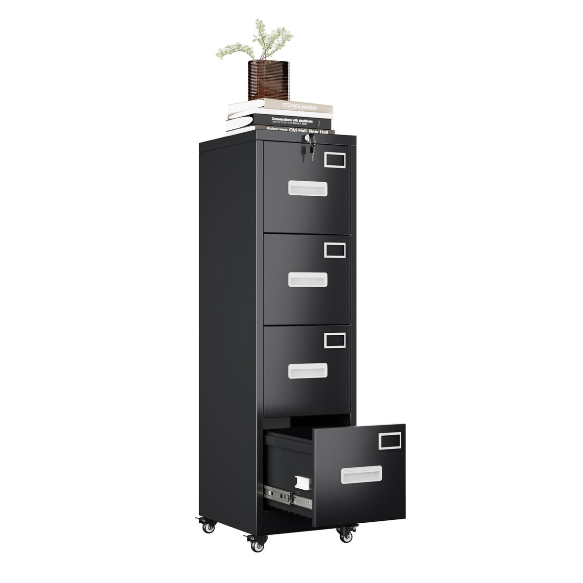 4 Drawer Vertical File Cabinet On Wheels, Lockable Office Files Storage Cabinet With Handle And Name Card,Mobile Storage Cabinet For Office And Home,Assembly Required,Black