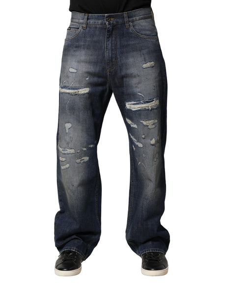 Dolce & Gabbana Blue Tattered Cotton Straight Men Denim Jeans