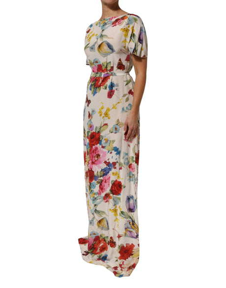 Dolce & Gabbana White Floral Print Silk Sheath LongGown Dress