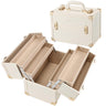 Joligrace Makeup Train Case Large Portable Cosmetic Makeup Storage Box Organizer Lockable with 4 Tray Compartments Retro Champagne Beige Vegan Leather (Long Tray Version)