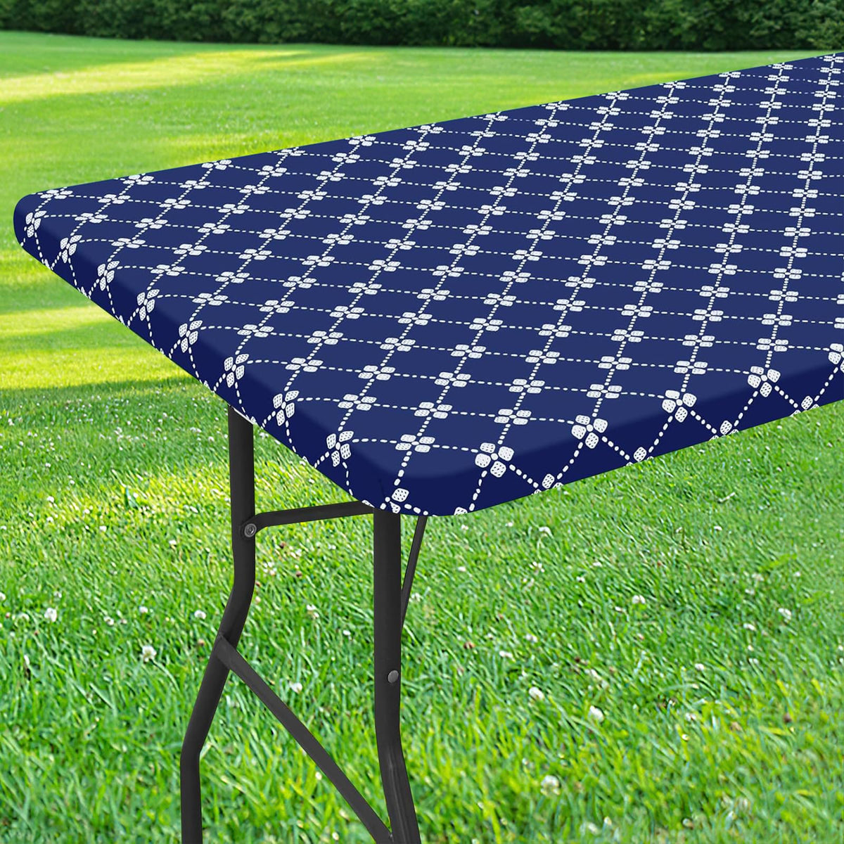 misaya Rectangle Vinyl Table Cloth Elastic Fitted Tablecloth with Flannel Backing Waterproof Plastic Table Cover Fits 8 Foot Folding Tables for Camping Indoor and Outdoor (Navy 30" x 96")