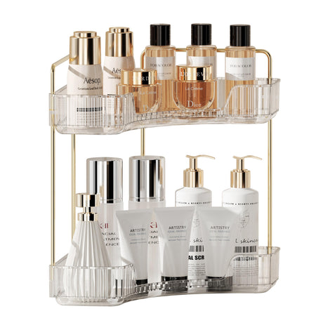 YCIA&DONE Corner Counter Bathroom Organizer Countertop 2 Tiers Cosmetic Perfume Tray Vanity Organizer for Makeup Skincare Clear Corner Rack Bathroom Organizers and Storage(Clear White)