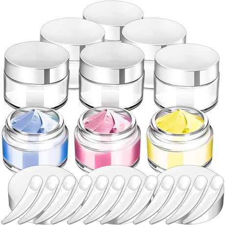 MotBach 6 Pack 1 oz Glass Jars with Lids 60ml Mini Round Clear Glass Jars with Inner Liners and Spatulas Travel Size Containers Jars for Toiletries Creams Makeup Cosmetic Sample Lotion (White Lid)
