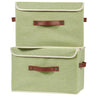 VinneGenzz 2PCS Storage Boxes with Lid Cotton Linen Fabric Storage Bins Organizer Container Decorative Collapsible Washable Shelf Closet Baskets Faux Leather Handles Home Bedroom (Green Large Size)