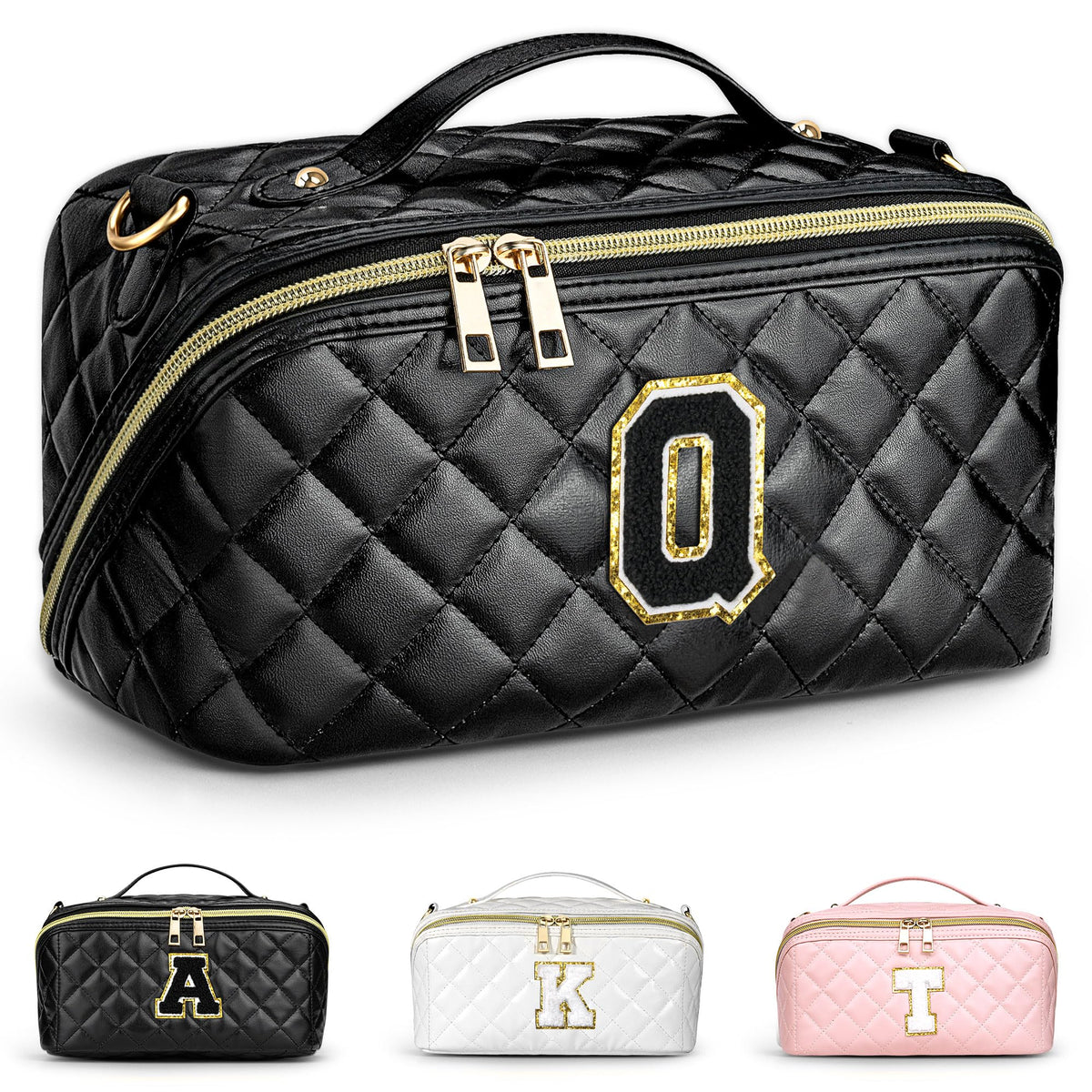TOPEAST Gifts for Friends Female Mom Initial Makeup Bags Quilted Open Flat Cosmetic Bag Chenille Letter Makeup Pouch Organizer Waterproof Makeup Toiletry Bags with Strap for Women Traveling Q