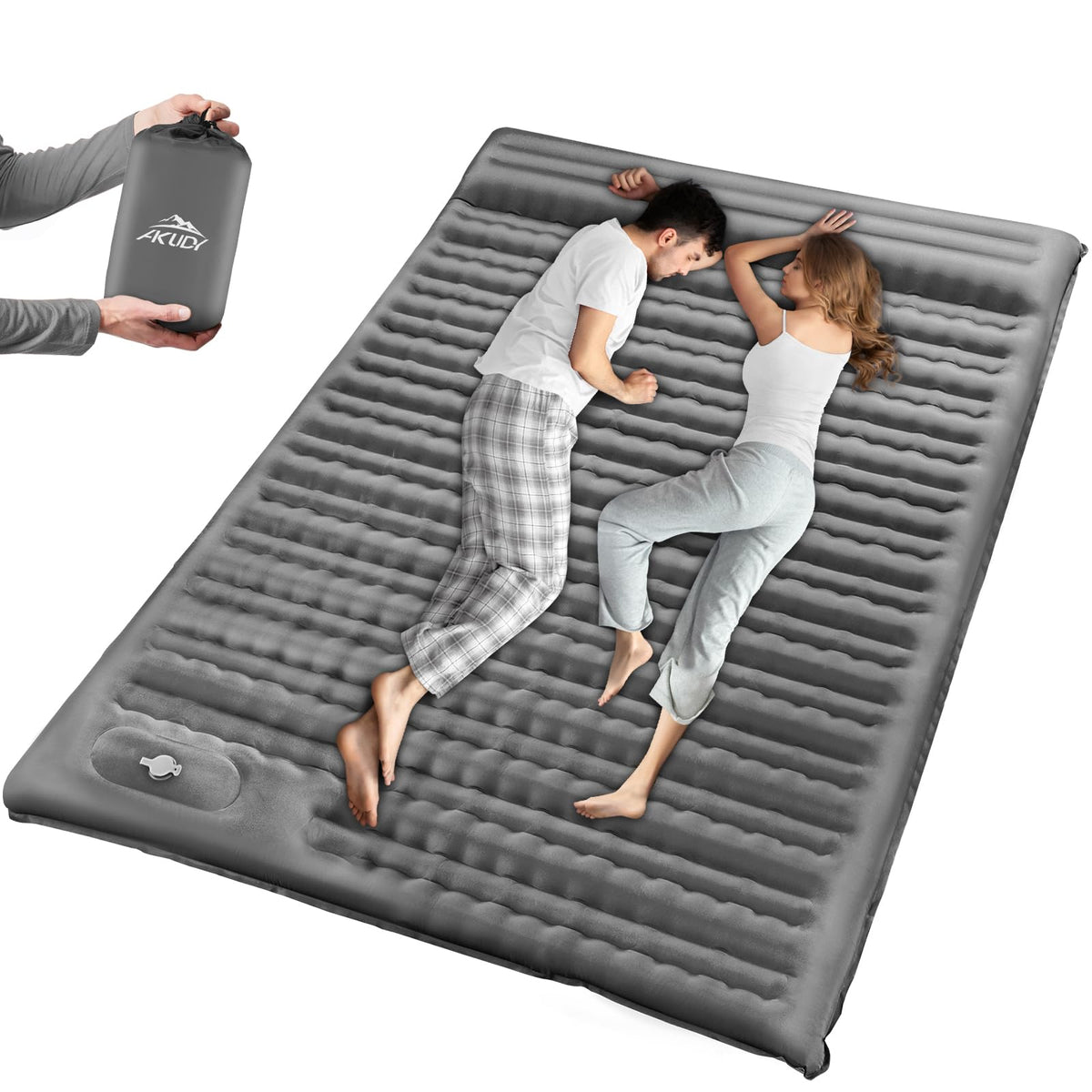 AKUDY Self-Inflating Double Sleeping Pad - Camping Mattress for 2 Person 4.7 Inch Extra-Thick Inflatable Camping Pad with Built-in Foot Pump Ultralight Sleeping Mat for Backpacking Grey
