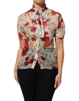 Dolce & Gabbana White Floral Tie-Neck Poppy Print Blouse Top
