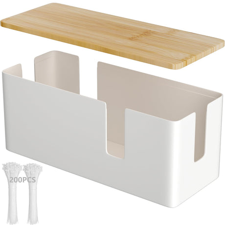 Cable Management Box-Cable Organizer Box with 200 Cable Ties12x5x4.7inchesWood LidWire Box OrganizerCord Organizer for DeskPower StripsTV Computer Wires Cable Hider Organizer Box for Home Office