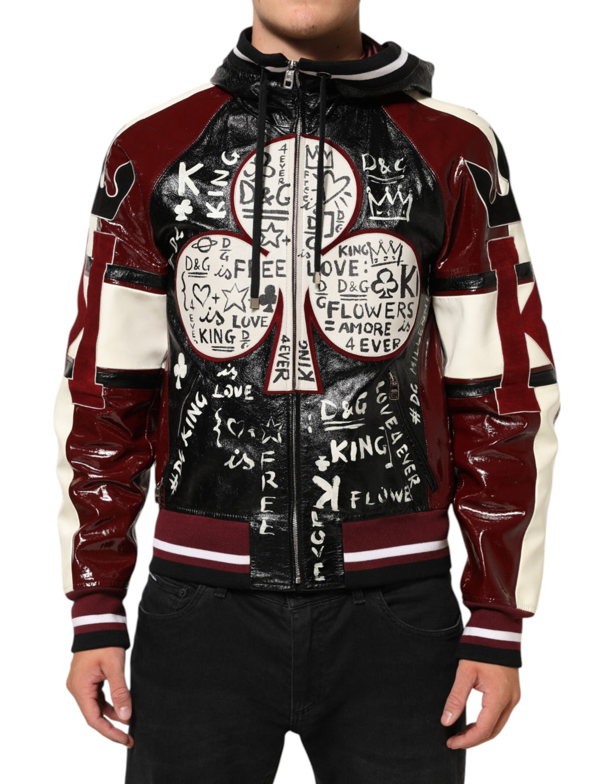 Dolce & Gabbana Multicolor Hooded Leather DG King Men Biker Jacket