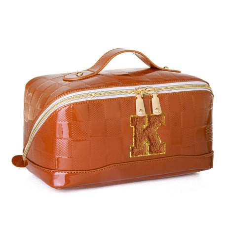 Viverte Initial Makeup Bag Large Capacity Travel Cosmetic Bag for Women PU Leather Open Flat Toiletry Bag with Handle and Divider Personalized Gifts for Women (Brown K)