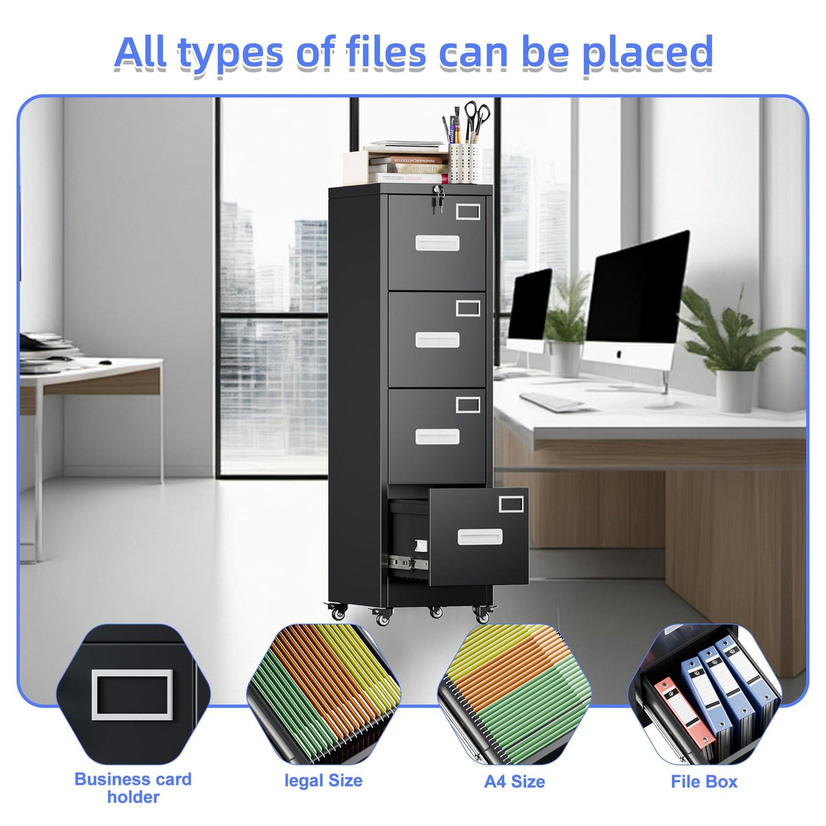 4 Drawer Vertical File Cabinet On Wheels, Lockable Office Files Storage Cabinet With Handle And Name Card,Mobile Storage Cabinet For Office And Home,Assembly Required,Black
