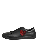 Dolce & Gabbana Black Leather Crystal Heart Sneakers  Shoes