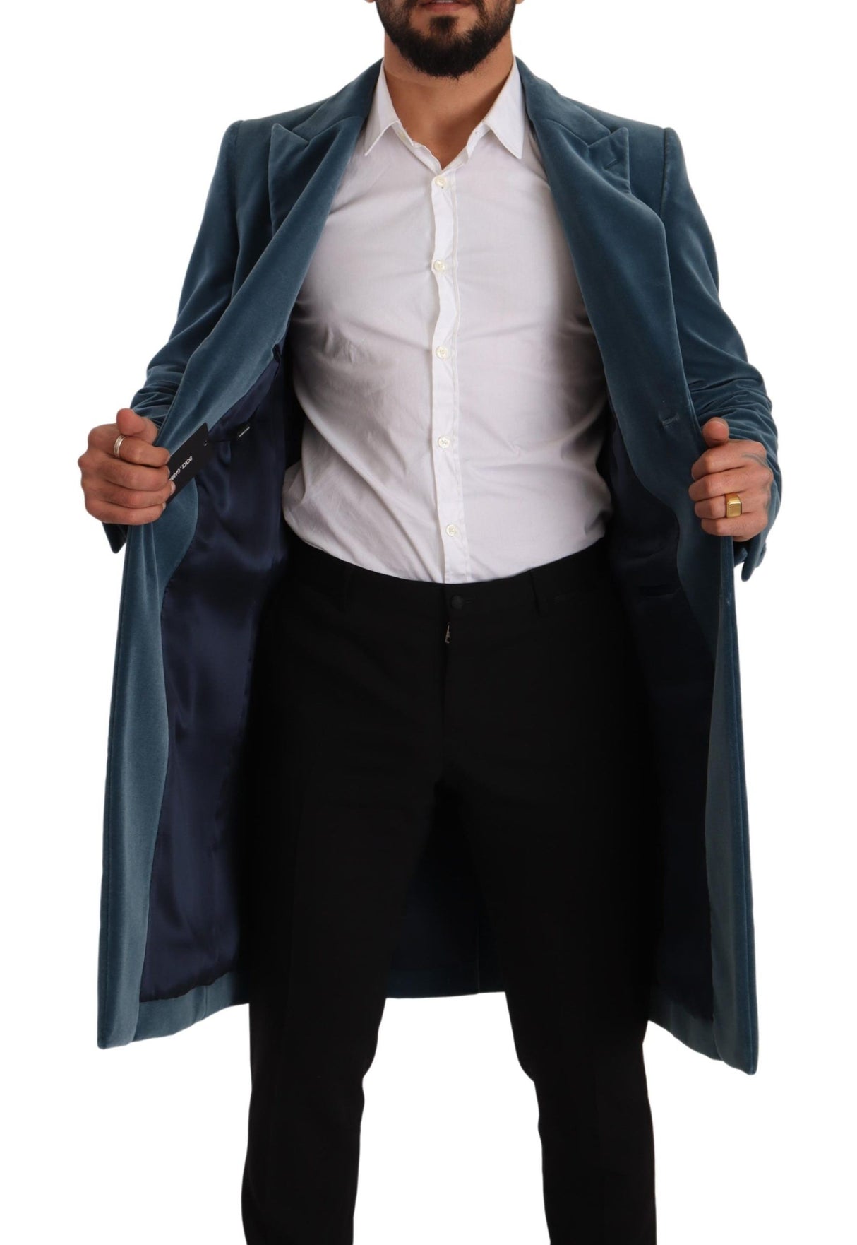 Dolce & Gabbana Blue Cotton Velvet Long Overcoat Jacket - Men's