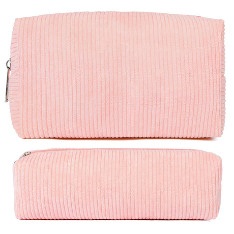 SOIDRAM Corduroy Cosmetic Bag - Cute Pink Makeup Pouch Large Capacity Travel Toiletry Bag Organizer with 1Pcs Makeup Brushes Storage