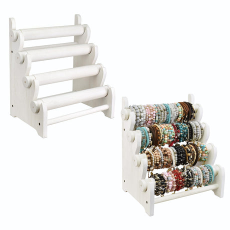 Ikee Design 2 Pcs Antique Wooden 4 Tier Jewelry Bracelet Display Stand Bangle Scrunchie Organizer Holder for Store Showcase and Home Storage 12 W x 9 D x 14 H in Wash White Color