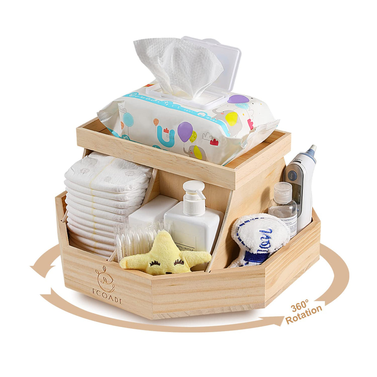 ECOADE Wooden Diaper Caddy Organizer - 360 Degrees Rotating Caddy with Removable Dividers Nursery Diaper Organizer