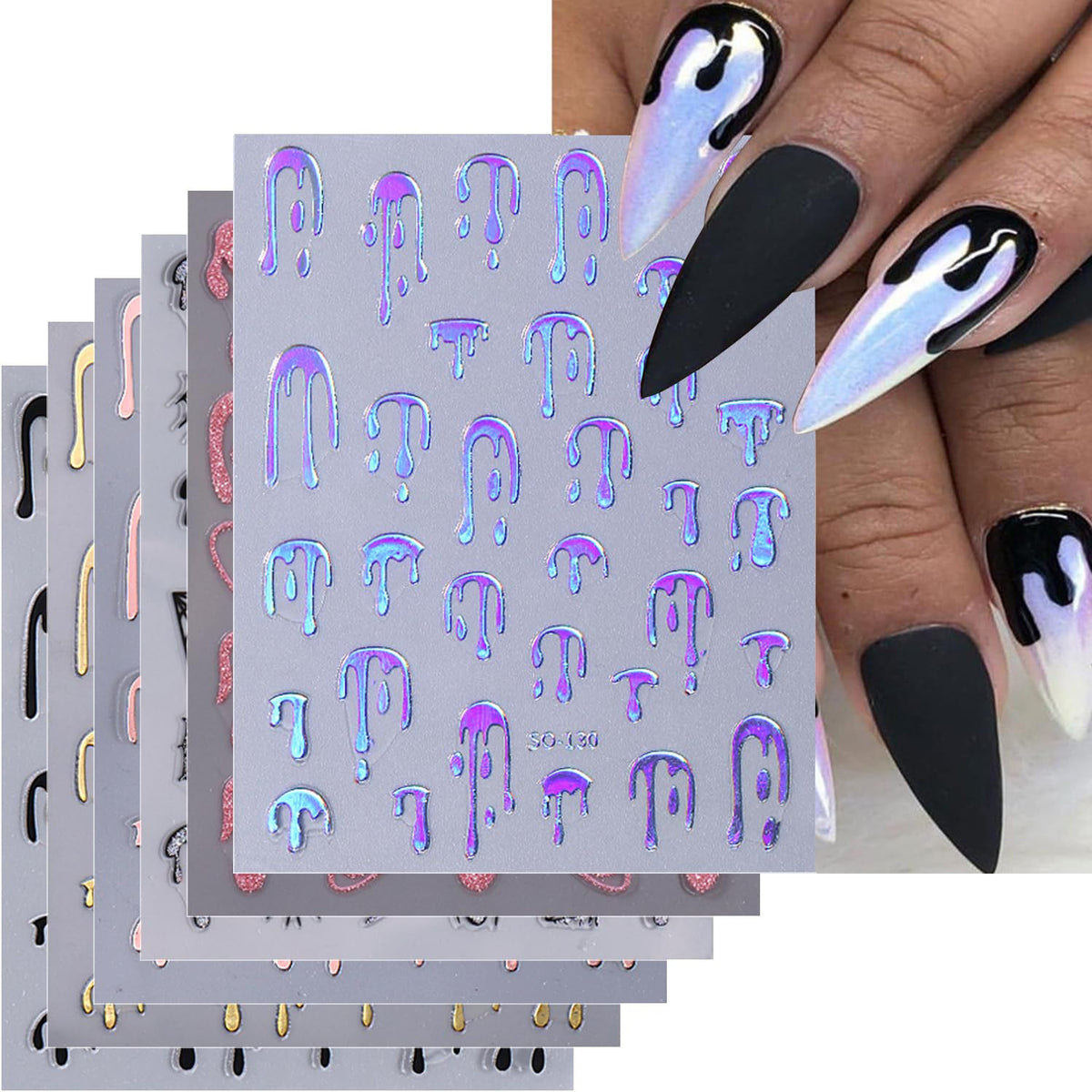 6 Sheets Halloween Nail Art Stickers Decals Black Gold Silver Pink Blood Designs Nail Stickers 3D Self-Adhesive Spider Web Butterfly Nail Decals for Women DIY Halloween Nail Art Decorations