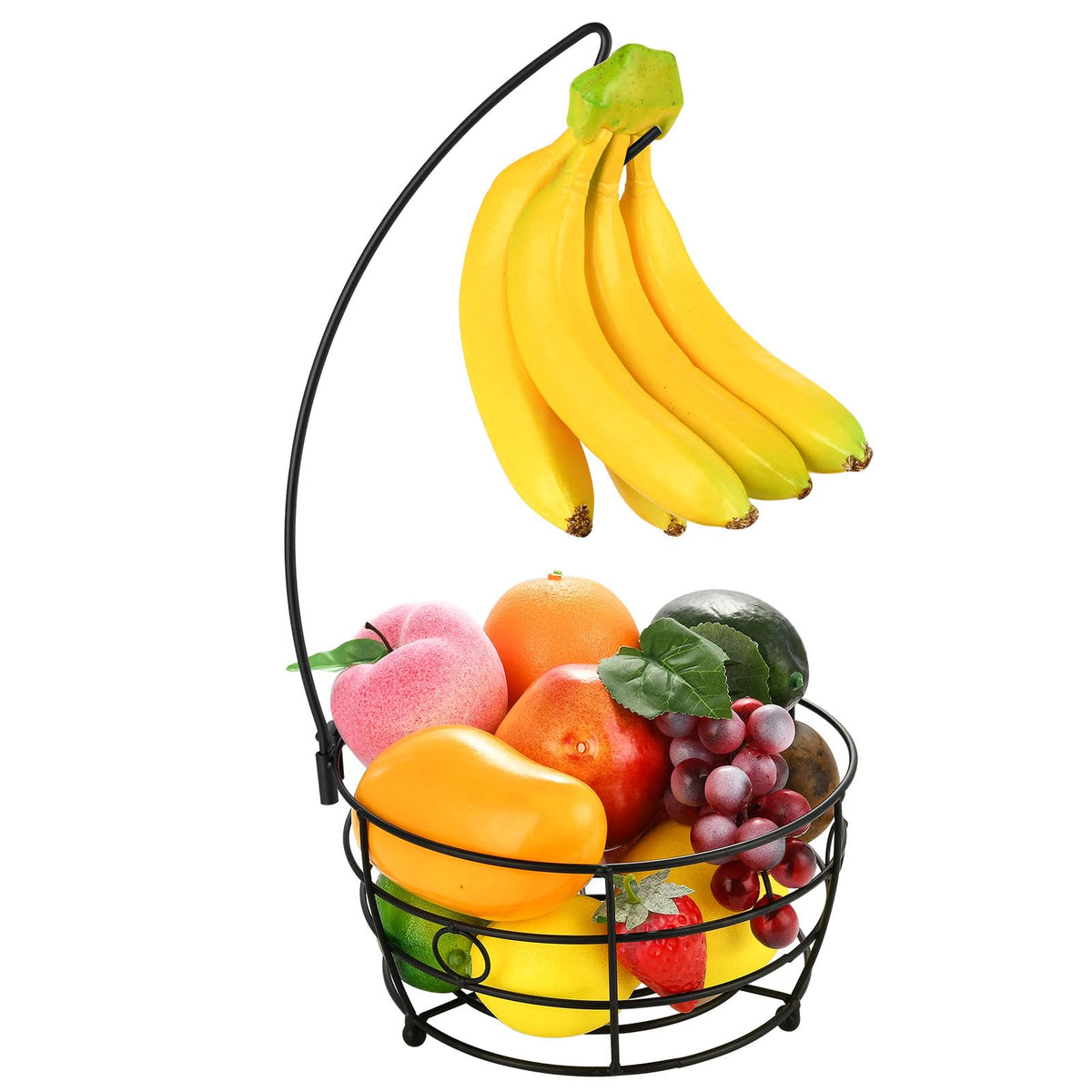DIYZON Countertop Fruit Basket Bowl with Banana Hanger Modern Standing Fruit Vegetable Bowl Storage Storage Basket Fruit with Fruit Hook Suitable for Kitchen Countertop (Round Metal Black)
