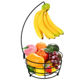 DIYZON Countertop Fruit Basket Bowl with Banana Hanger Modern Standing Fruit Vegetable Bowl Storage Storage Basket Fruit with Fruit Hook Suitable for Kitchen Countertop (Round Metal Black)