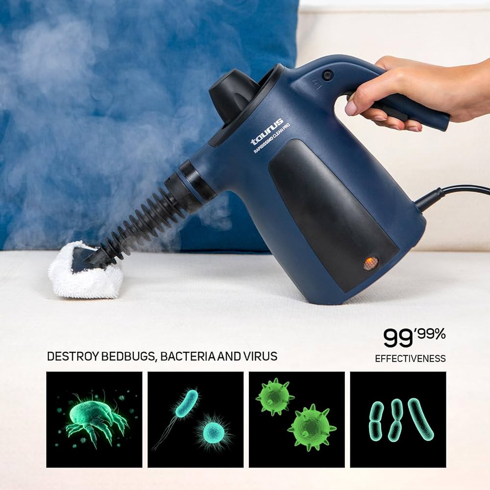 NETTOYEUR VAPEUR TAURUS, RAPIDISSIMO CLEAN PRO, 1050W, 7 ACCESSOIRES, PRESSION 3,5 BAR, DÉBIT 45MIN, RÉSERVOIR 350ML, ANTIBACTÉRIEN, POIGNÉE ERGONOMIQUE, INDICATEUR LUMINEUX DE NIVEAU DE PRESSION CORRECT, BLEU FONCÉ