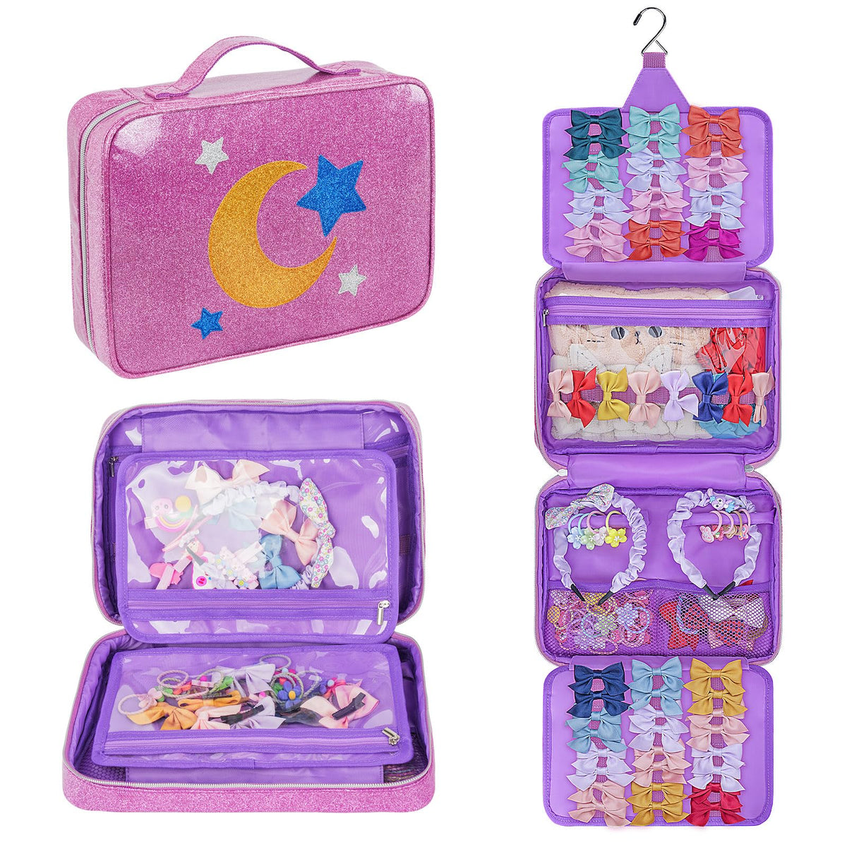 Jaffzora Hair Accessories Organizer Shiny Bow Holder for Baby Girls Travel Hair Storage Bag for Hair Clips Headbands Scrunchies and Hair Ties(Purple)