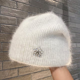 Women's Thick Rabbit Hair Knitted Hat with Rhinestones