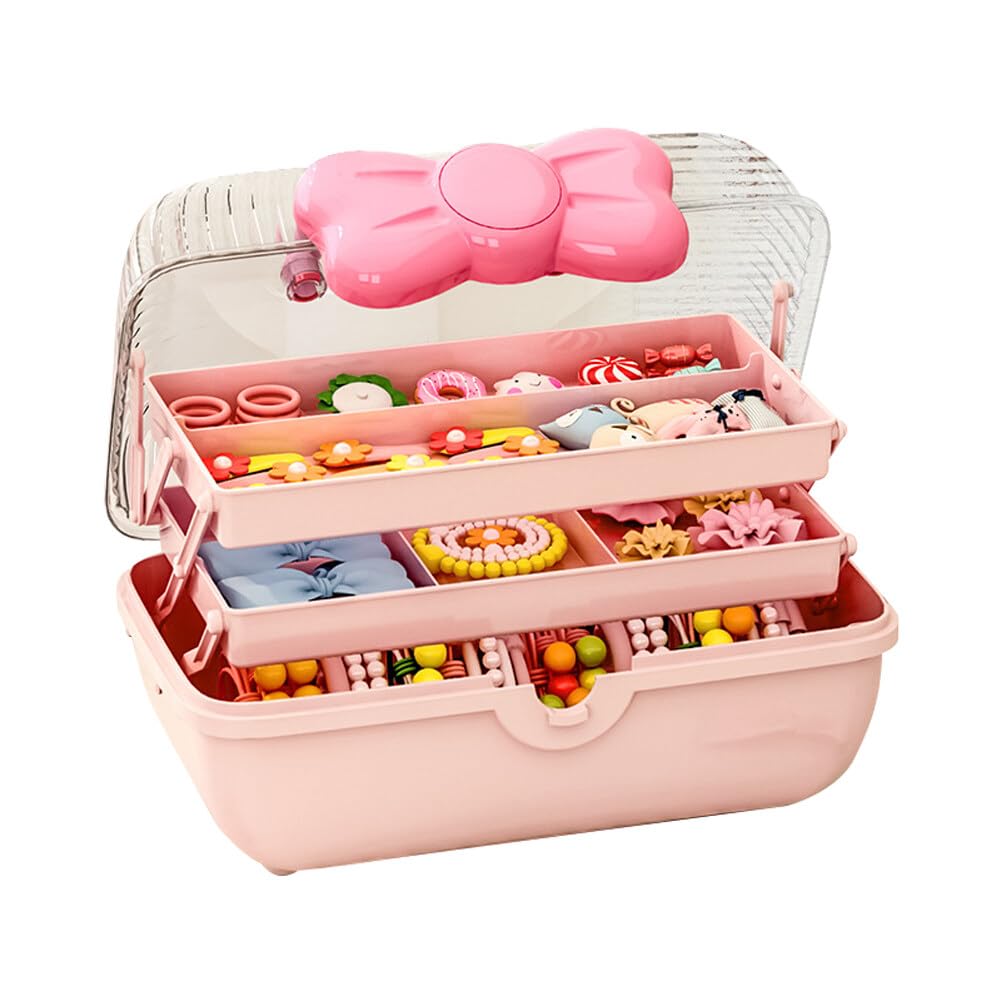 Cute Hair Accessories Organizer 3-Layers Kids Jewelry Storage Box Plastic Hair Accessories holder for Girls (Pink 10.8 x 5.7 x 5.9 Inch)
