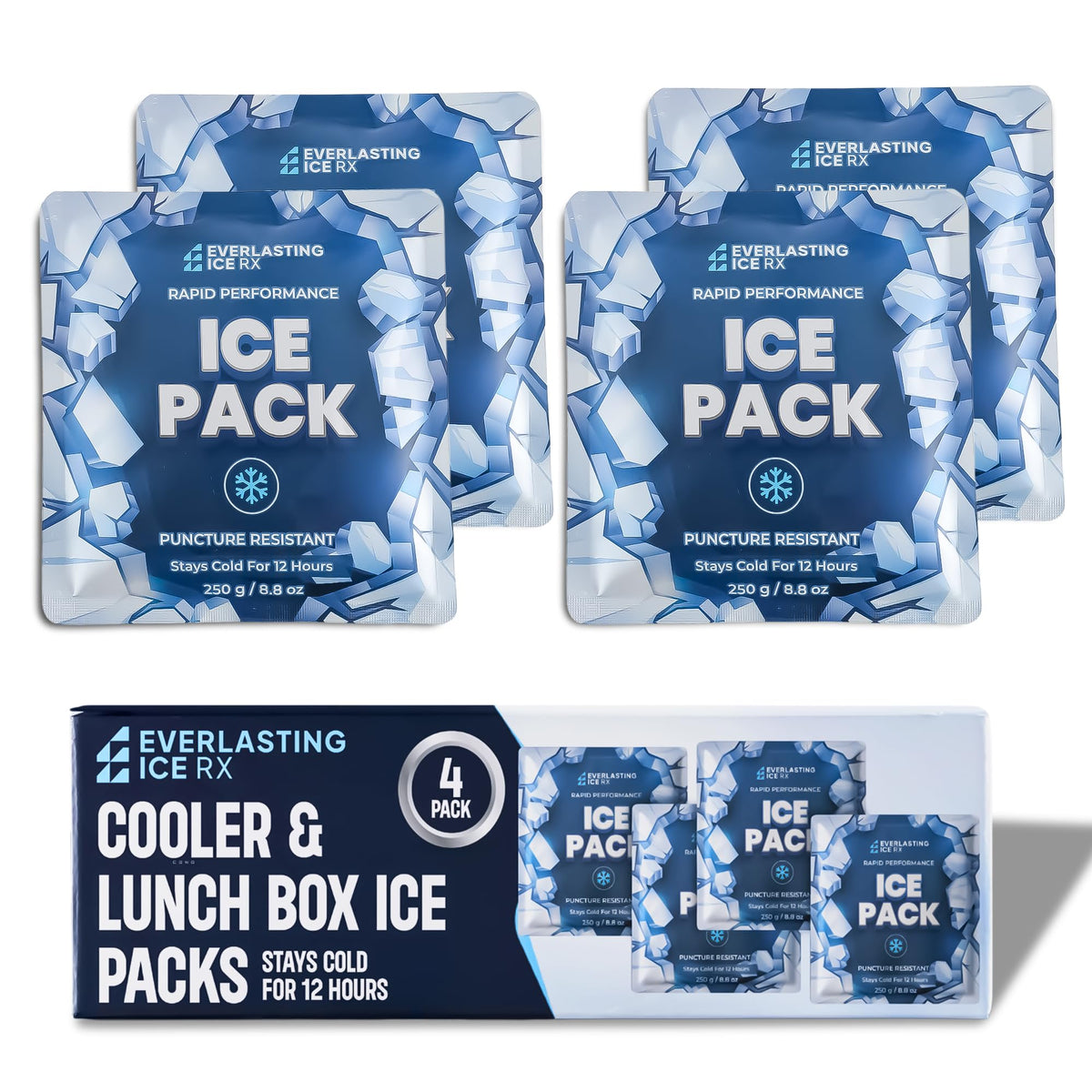 Rapid Performance Reusable Ice Packs for Lunch Boxes Lunch Bags or Coolers | 4 Pack | Cold for Up to 12 Hours | Ice Packs for Cooler Long Lasting for Camping Beach & School