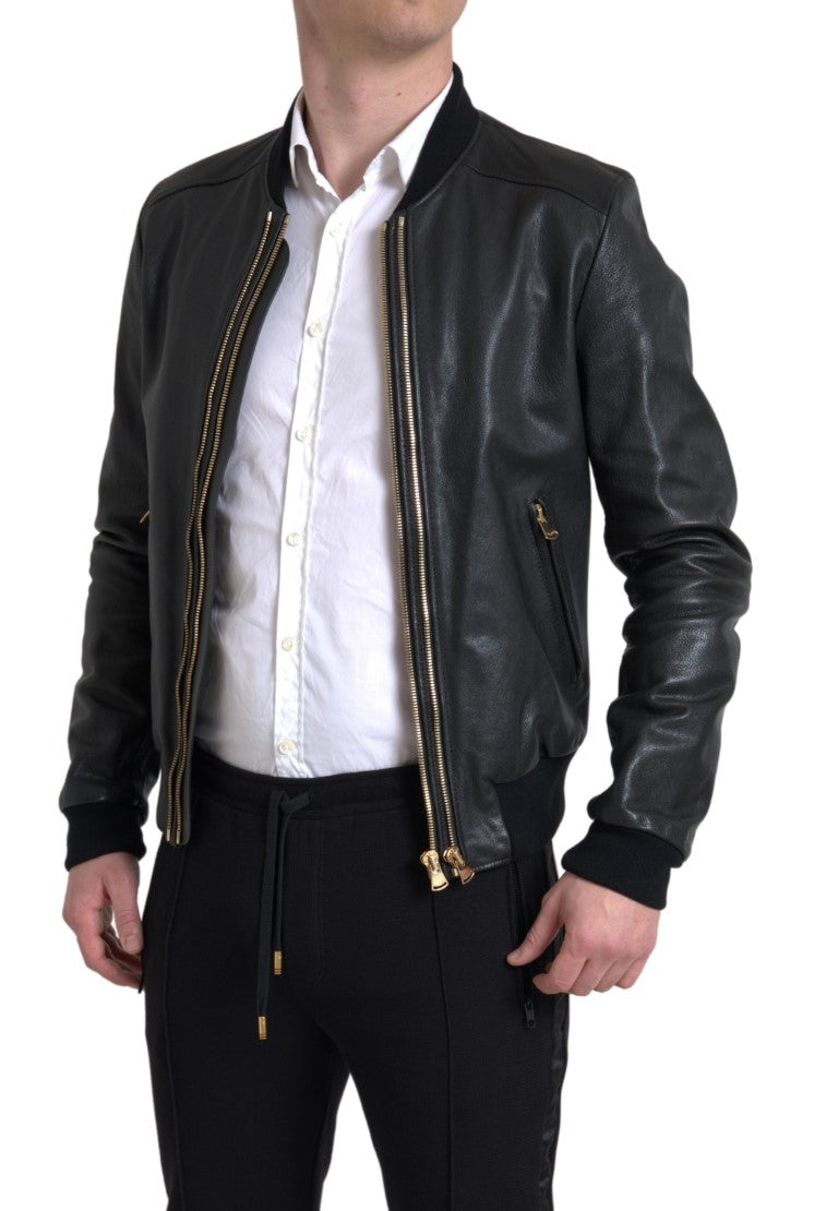 Dolce & Gabbana Black Leather Blouson Full Zip Bomber Jacket - Men's