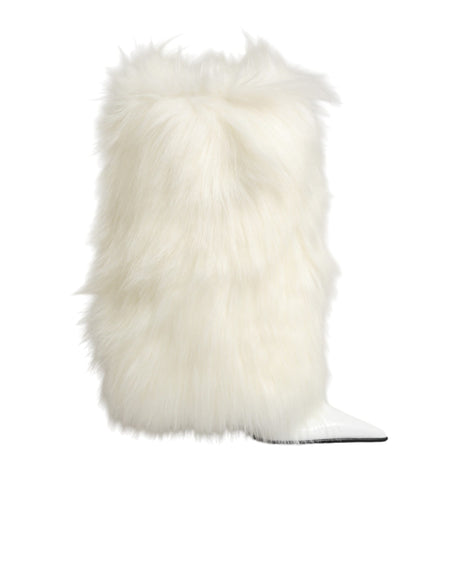Dolce & Gabbana White Fur Pointed Knee High Stiletto Boots Shoes