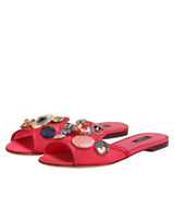 Dolce & Gabbana Red Embellished Flats Slip On Sandals Shoes