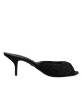 Dolce & Gabbana Black Embroidered Slip On Heels Slides Shoes