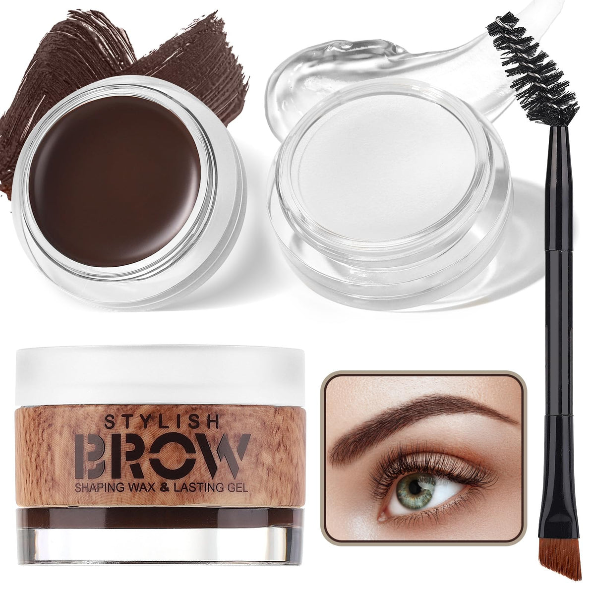 2 in 1 Makeup Kit with Eyebrow GelShaping Wax & Duo Brush Waterproof Dark Brown Pomade for Fill and Detail Brows Clear Brow Styling Gel Lift for Fluffy Feathery Brow Breeze
