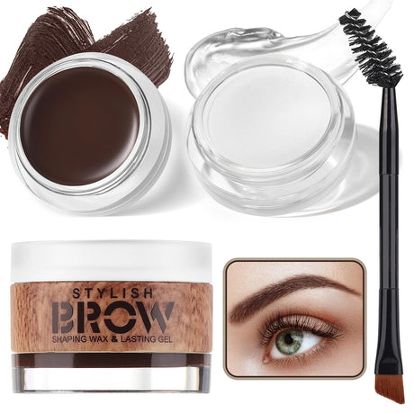 2 in 1 Makeup Kit with Eyebrow GelShaping Wax & Duo Brush Waterproof Dark Brown Pomade for Fill and Detail Brows Clear Brow Styling Gel Lift for Fluffy Feathery Brow Breeze