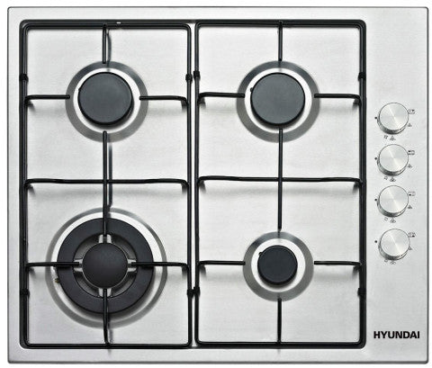 HYUNDAI HOB GAS, 60CM BUILT IN, 4 HITTING ELEMENTS, 3.4KW+ 1.8KW + 1.8KW+ 1.0KW, 220-240V, 50HZ, AUTO IGNITION BY ELECTRICITY, SAFETY SWITCH, 50X58CM STAINLESS STEEL PANEL, 58x50x9.4CM, SILVER WITH ENAMEL SHINY PAN SUPPORT