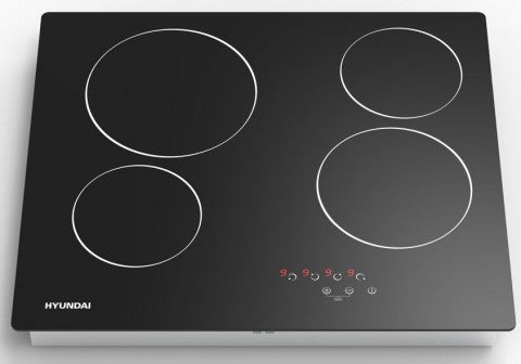 HYUNDAI TABLE DE CUISSON ÉLECTRIQUE, 60CM CÉRAMIQUE INTÉGRÉE, 4 ÉLÉMENTS DE FRAPPAGE, 6,5 KW, 220-240V, 50/60HZ, 9 NIVEAUX, TACTILE, THERMOSTAT MÉCANIQUE, MINUTERIE 99MINS, INTERRUPTEUR DE SÉCURITÉ 90MINS, 59x52x5,2CM, NOIR