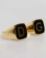 Dolce & Gabbana Gold-Tone Real Brass Black Enamel "DG" Adjustable Rings