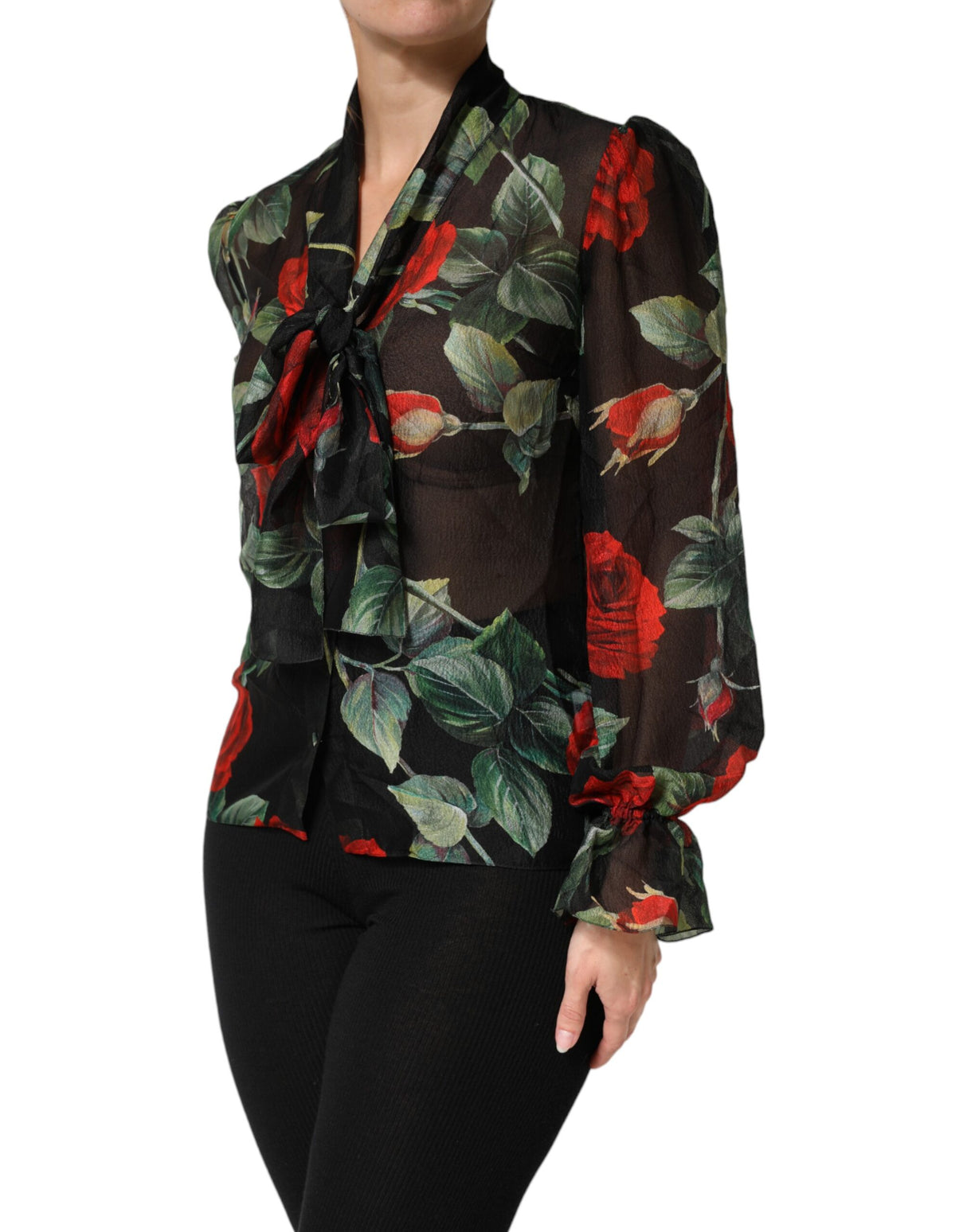 Dolce & Gabbana Black Floral Long Sleeves Silk Blouse Top
