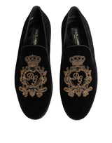 Dolce & Gabbana Black Velvet Gold Crown Mens Loafers Shoes