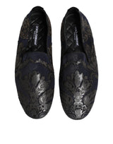 Dolce & Gabbana Black Jacquard Leather Slip On Loafers Shoes