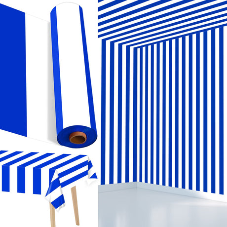 Blue and White Stripe Tablecloth Roll 52 in x 100 Ft Blue Stripe Picnic Party Supplies Camping Party Tablecloth for Indoor Outdoor Events Family Banquet Parties and Celebrations（Plastic ）