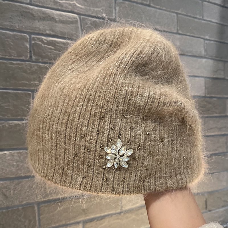 Women's Thick Rabbit Hair Knitted Hat with Rhinestones