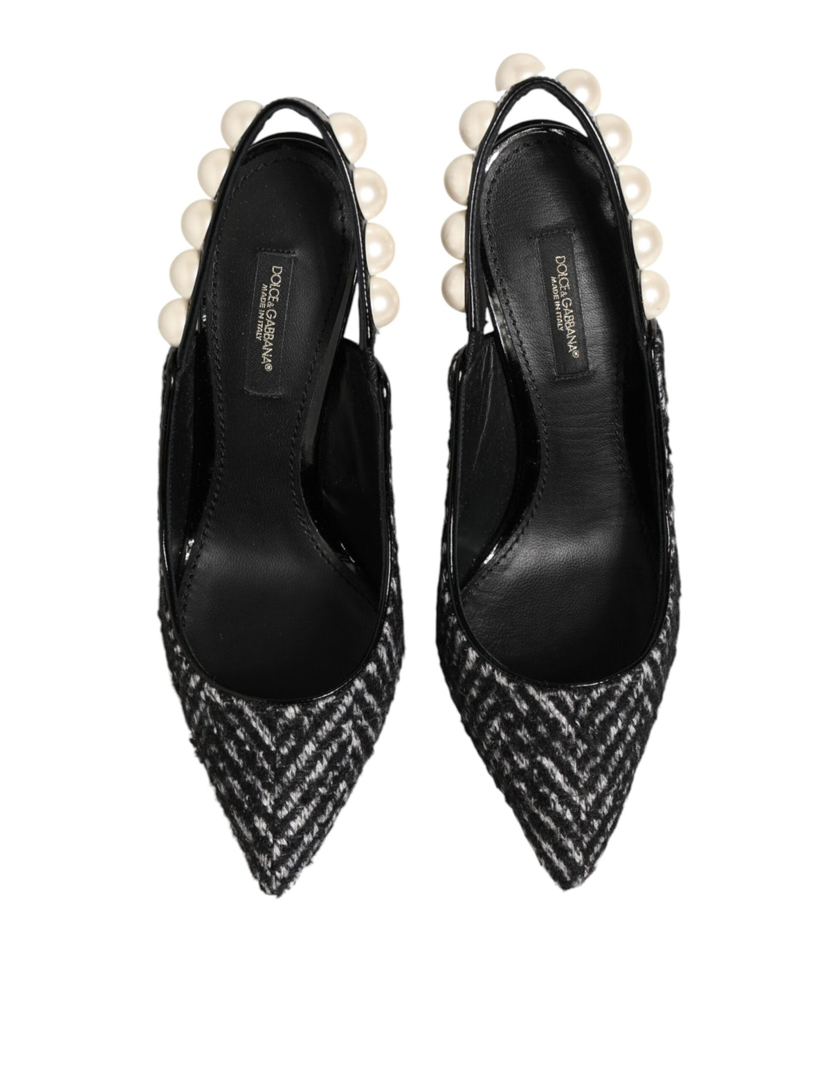 Dolce & Gabbana White Black Chevron Faux Pearl Slingbacks Shoes