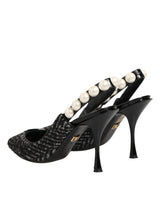 Dolce & Gabbana White Black Chevron Faux Pearl Slingbacks Shoes